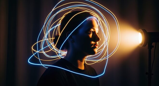 Woman profile illuminated by light trails and projector in studio