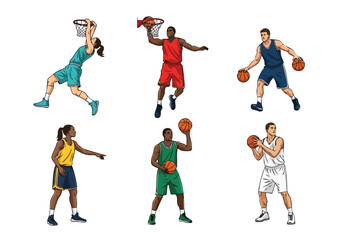 Basketball Players Collection, Diverse Athletes, Hand-Drawn Sports Illustration, Isolated Vector Set © khafid