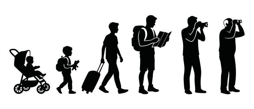 Human Evolution Travel Silhouette Set, Life Stages Journey Concept from Childhood to Old Age, Tourism and Exploration Icons Isolated on White Background for Adventure Planning and Wanderlust Design Pr