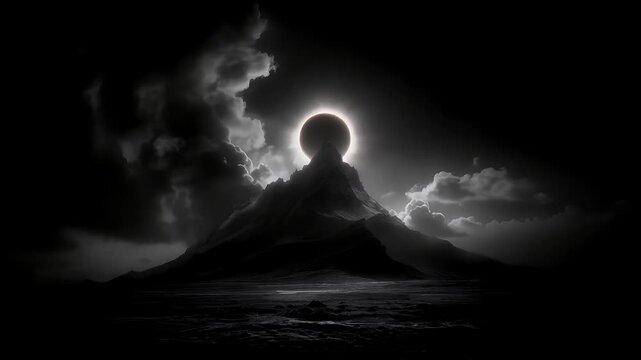 Eclipse, fantasy, mysterious, supernatural. A dramatic digital artwork depicts a majestic mountain peak silhouetted against a dark, stormy sky. The mountains peak is bathed in a radiant light source.