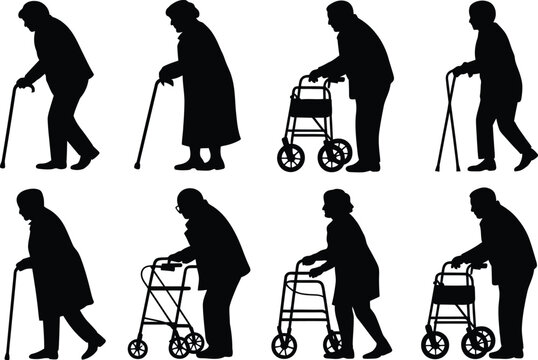 Elderly people icons illustration set, generic silhouettes with walking aids including cane walker and support tools for healthcare and aging design.