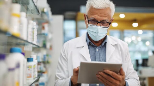 A man wearing a white coat and face mask standing behind a pharmacy counter, looking at a tablet with focus and concern on his face.