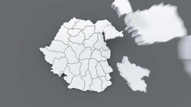 Romania political map animation with assembling regions on gray background