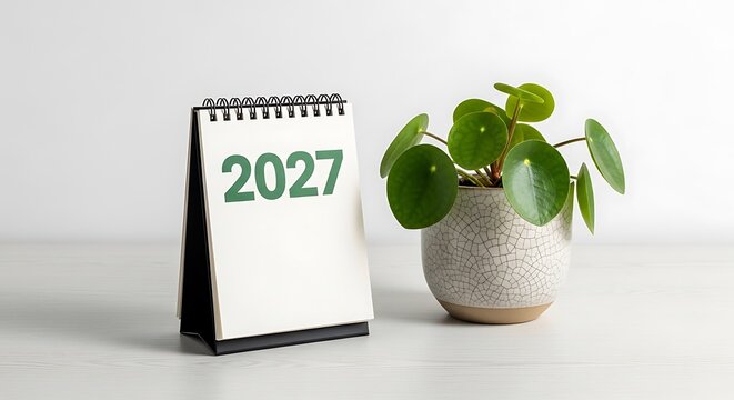 A spiral notepad with 2027 on it next to a potted plant on a white surface and background