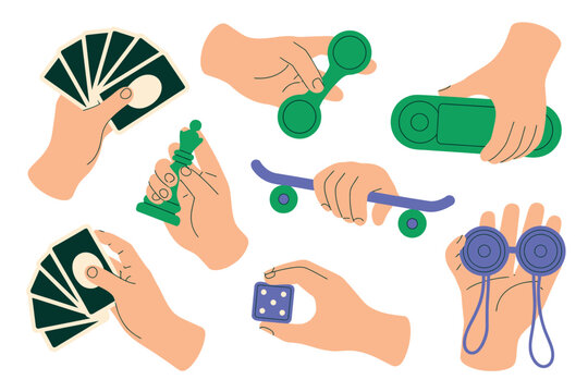 Game hands icons illustration set, generic people arms holding spinner fingerboard chess cards and dice for entertainment and skill activity design.