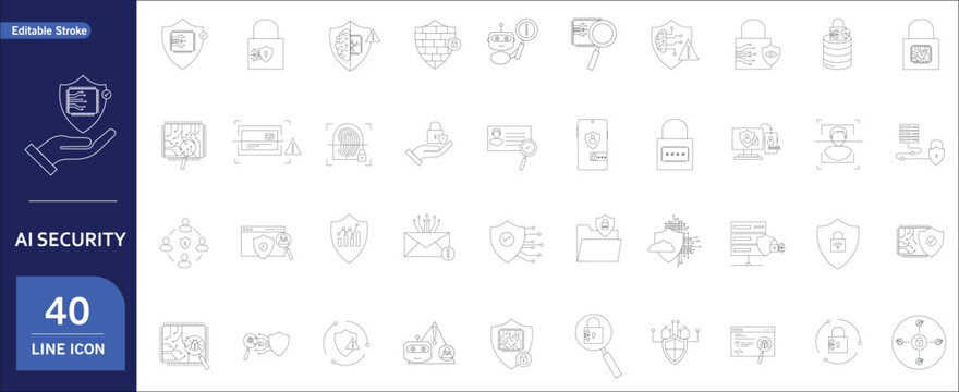 AI Security Line Icons Set, Cybersecurity Protection, Data Encryption, Firewall,Authentication, Cloud Security, Editable Stroke Vector Pack,40 icon pac