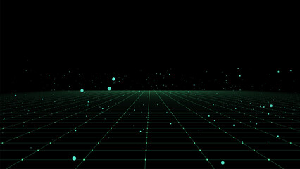 Vector abstract technology perspective grid. Detailed wireframe landscape with green lines on black background. Digital space with mesh. © Liudmyla