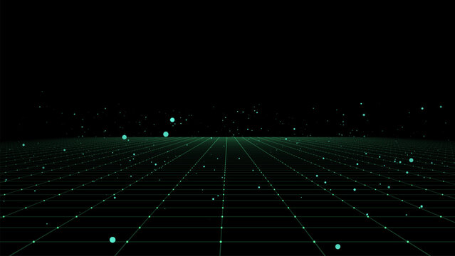 Vector abstract technology perspective grid. Detailed wireframe landscape with green lines on black background. Digital space with mesh.
