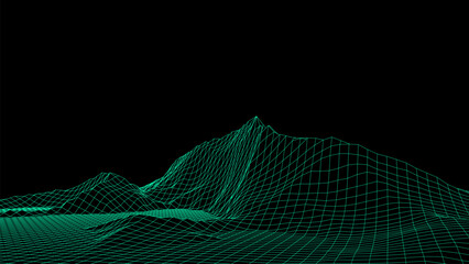Abstract wireframe terrain. Vector landscape of green mountains. Futuristic polygonal background. Technology perspective grid with 3d landscape. Retro design. © Liudmyla