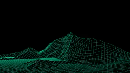 Fotobehang Zwart Abstract wireframe terrain. Vector landscape of green mountains. Futuristic polygonal background. Technology perspective grid with 3d landscape. Retro design.  © Liudmyla