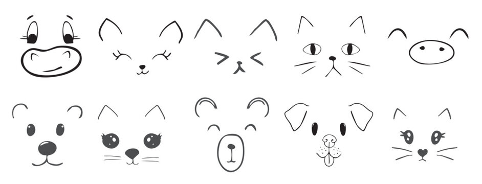 cute animal faces pet comic doodle with expressions set vector illustration