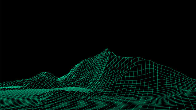 Abstract wireframe terrain. Vector landscape of green mountains. Futuristic polygonal background. Technology perspective grid with 3d landscape. Retro design.