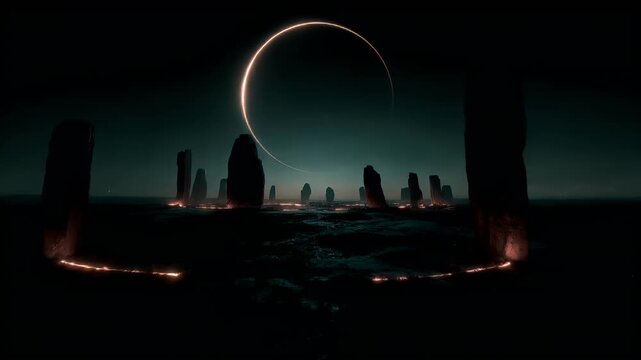 Eclipse, fantasy, mysterious, supernatural. A digital artwork depicts a desolate landscape at night. The main subject is a series of tall, dark, obeliskshaped structures illuminated by a bright.