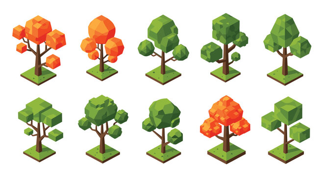 Set of low poly isometric trees in various shades of green and orange representing different seasons like spring and autumn.
