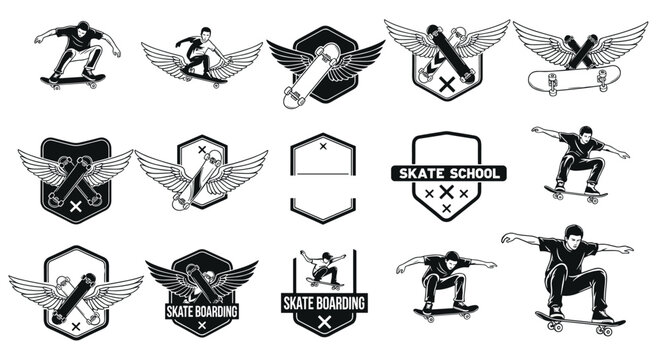 Collection of vintage style skateboarding logos and emblems featuring skateboarders, wings, shields, and skateboards in black and white.