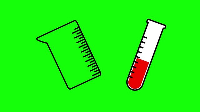 Laboratory flask and test tube filled with liquid animated on a green chroma key background, clean motion ideal for science, chemistry, medical and research themed overlays