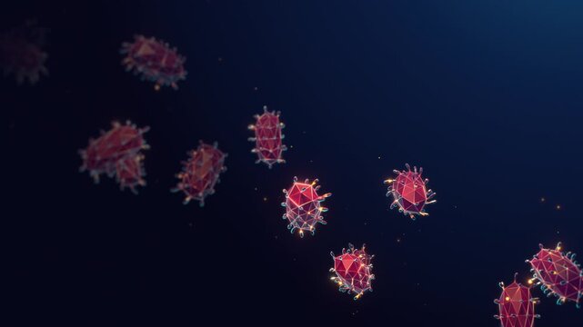 Low Poly Bacteria Floating on an Animated Background with Copy Space. Gut microbiome and microbial cells rendered as 3D wireframe structures. Biotechnology and immunology research animation loop.