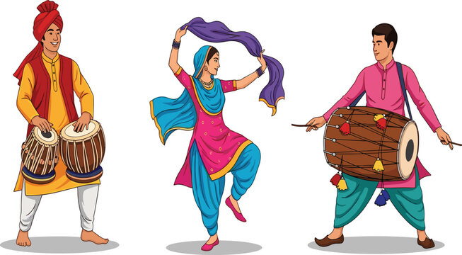 Colorful Indian Punjabi Folk Dancers and Drummers in Traditional Costume Celebrating Bhangra Festival Vector Illustration Set