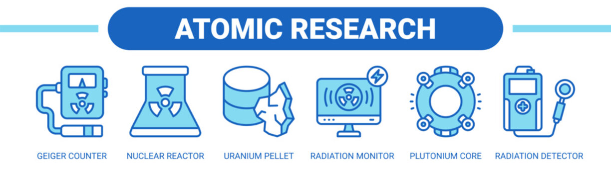 Atomic Research web banner icon vector illustration concept with icons of geiger counter, nuclear reactor, uranium pellet, radiation monitor, plutonium core, and radiation detector. 