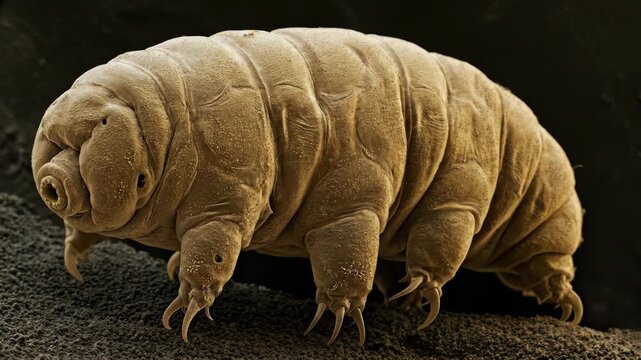 Tardigrade Water Bear Under Microscope Walking on Moss, Microscopic Life Biology