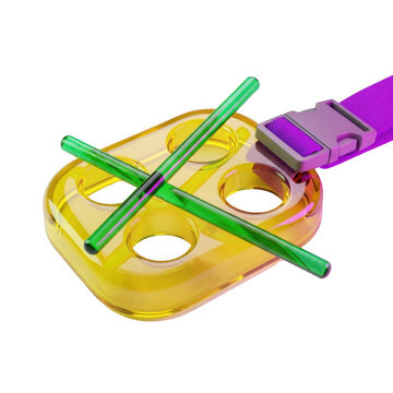 A yellow plastic buckle with green straps