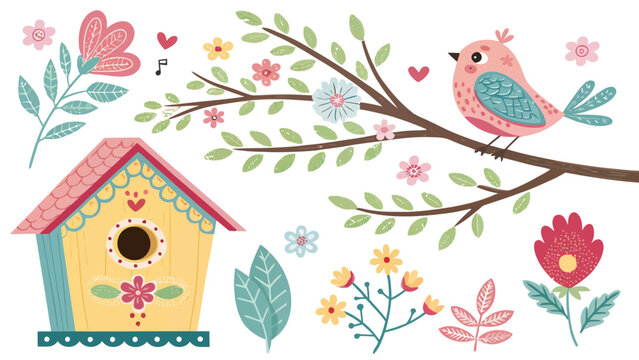 Cute spring set with a birdhouse, a bird on a branch, and various flowers and leaves