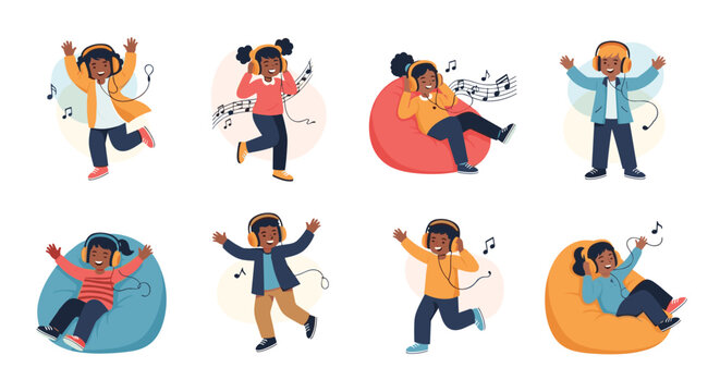 Happy diverse children wearing headphones dancing and relaxing in bean bag chairs while listening to their favorite songs.