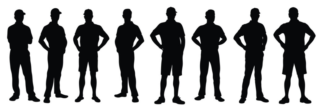 eight men silhouettes in various poses on white background vector illustration