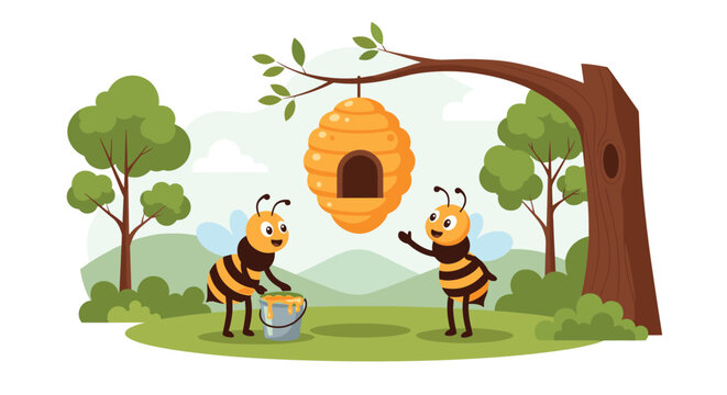 Cartoon bees gathering honey from a hive hanging on a tree branch in a lush forest landscape, cute nature illustration.