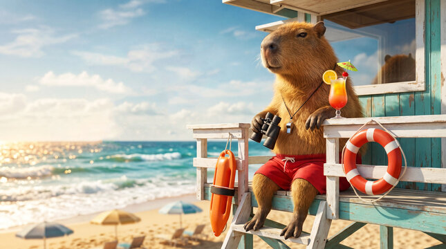 Capybara lifeguard sitting on beach chair with cocktail near ocean, funny summer vacation concept.