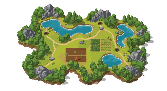 Isometric game map vector, floating island landscape with lakes and forest, cartoon farm level design with paths and rocks for mobile gaming