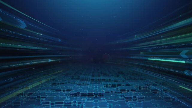 Forward-Moving Arrows Over a Jigsaw Puzzle &ndash; Animation Loop Depicting Business Growth and Performance. Animated background with blue and green arrows converging toward the center of the frame.