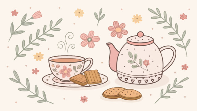 Cute handdrawn tea time illustration with a teapot, a cup of tea, and cookies surrounded by floral elements on a soft beige background
