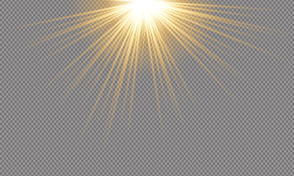 Transparent Vector Sunlight with Golden Flash, Rays and Glare, Rainbow Lens Flare Overlays, Light Leaks and Transitions, Bright Sunrays Glow Effect Illustration