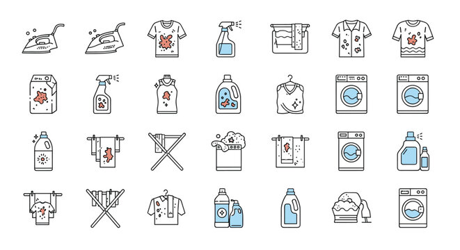 Extensive collection of laundry and garment care icons featuring washing machines, irons, stained clothes, and various detergent and cleaner bottles.