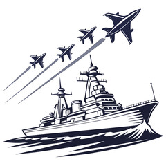 Naval warship with fighter jets and missile launch vector illustration © md munna