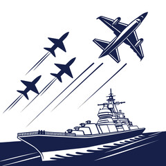 Naval warship launching missile with fighter aircraft formation vector illustration © md munna