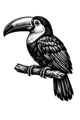 Naklejka premium A black and white illustration of a toucan perched on a branch with a large beak looking to the left on a white background