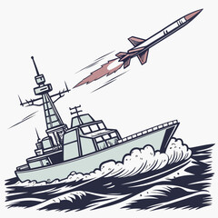 Military warship launching a missile vintage style illustration high quality professional © md munna