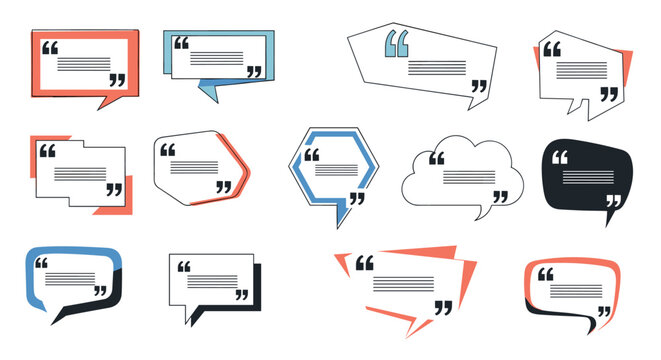 Set of colorful speech bubbles and quote boxes in various geometric shapes and styles for creative text layouts, messaging, and web design.