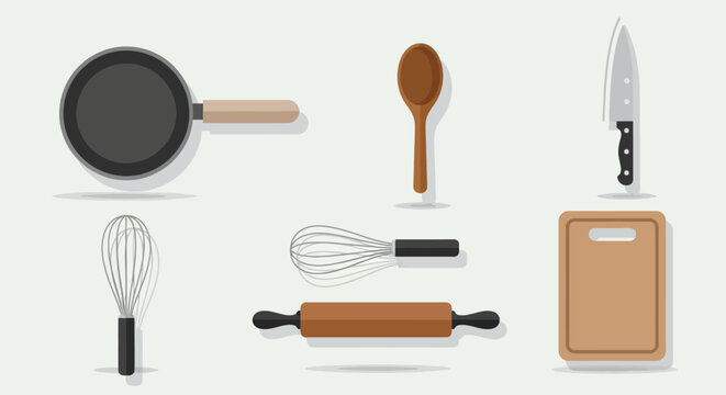 Kitchen Utensils Set: Frying Pan, Whisk, Rolling Pin, Knife, Spoon, Board