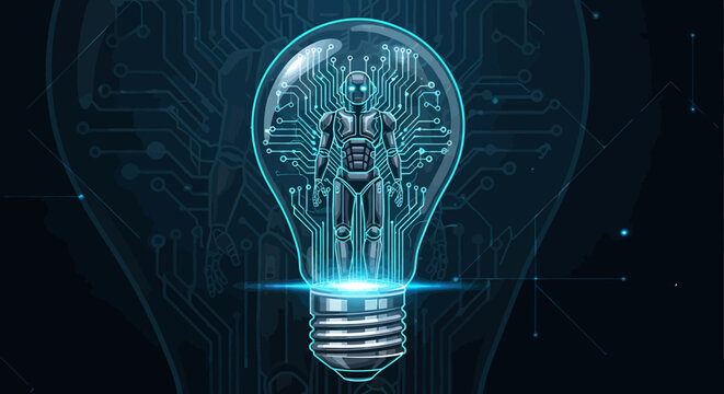 Futuristic Glowing Robot Humanoid Figure Inside a Lightbulb with Circuitry Pattern