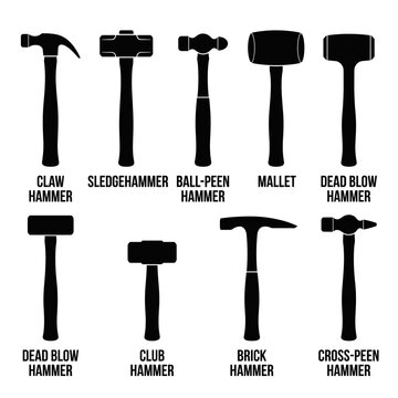 black and white vector silhouette set of hammer types