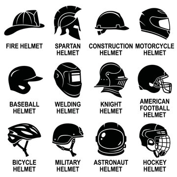 black and white vector silhouette set of helmet types