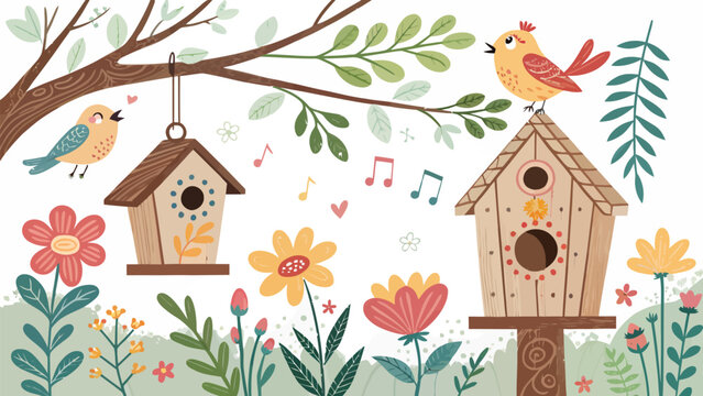 Cute spring garden illustration with colorful flowers, wooden birdhouses, and singing birds on a tree branch, vector art