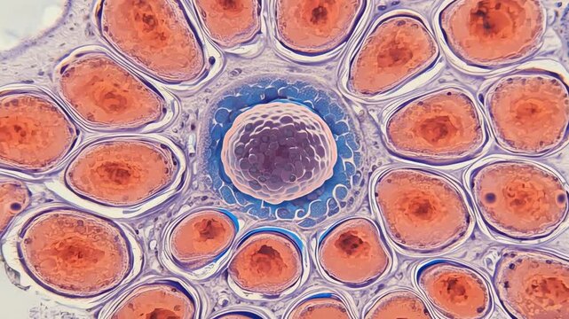 Inside soft human tissue,
normal cells arranged neatly,
one abnormal cell expands slowly,
pushing surrounding cells aside
