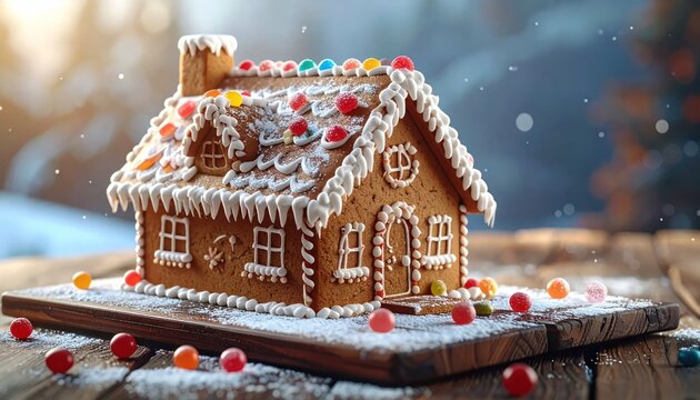 Gingerbread House with Candy Decorations on Snowy Surface.