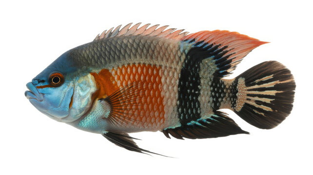 A vibrant tropical cichlid fish with orange, blue, and black stripes on a white background
