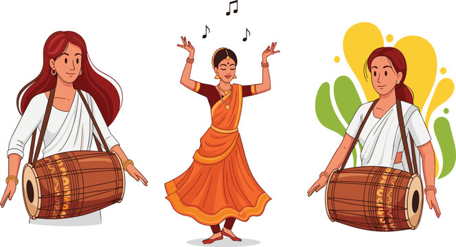 Beautiful Indian Women Playing Mridangam Drum and Bharatanatyam Classical Dancer in Orange Saree with Music Notes Vector Illustration Set