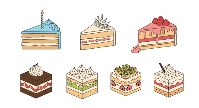 Set of delicious cake slices and small pastries decorated with fruit, whipped cream, and chocolate in a soft hand-drawn style for bakery menus.